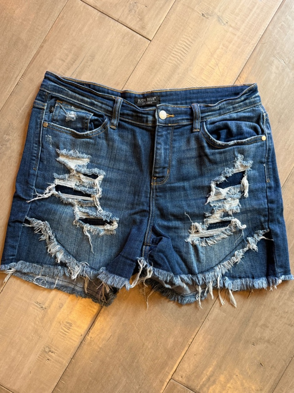 Judy Blue Dark Blue Distressed Frayed Hem Denim Shorts